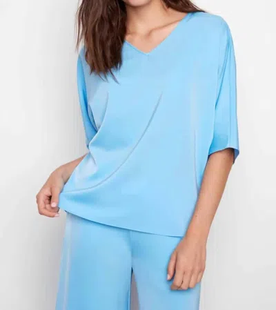 Up Belize Satin V-neck Short Sleeve Top In Celeste In Multi