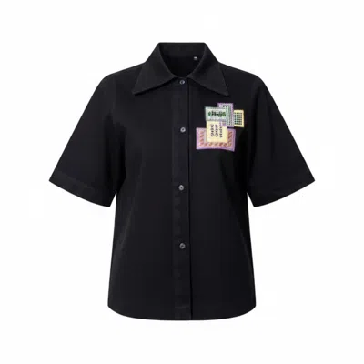 Up-fuse Women's Black / Pink Patchwork Short Sleeve Denim Shirt- Sunburst In Multi