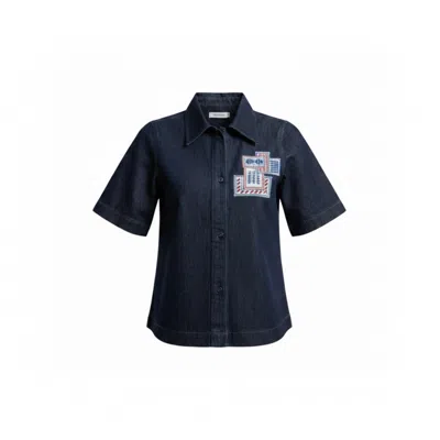 Up-fuse Women's Blue / White / Red Patchwork Short Sleeve Denim Shirt- Strawberry Jam In Multi