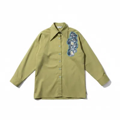 Up-fuse Women's Green Embroidered Asymmetrical Shirt - Pistachio