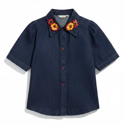Up-fuse Women's Orange / Red / Yellow Denim Short Sleeve Shirt- Wildflower