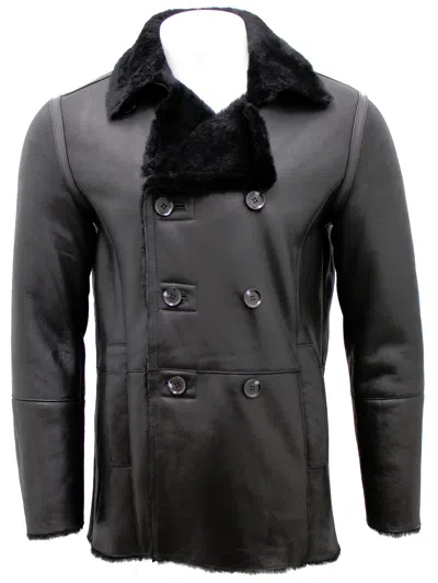 Pre-owned Upper Class Men's Black Double Breasted Real Sheepskin Pea Coat