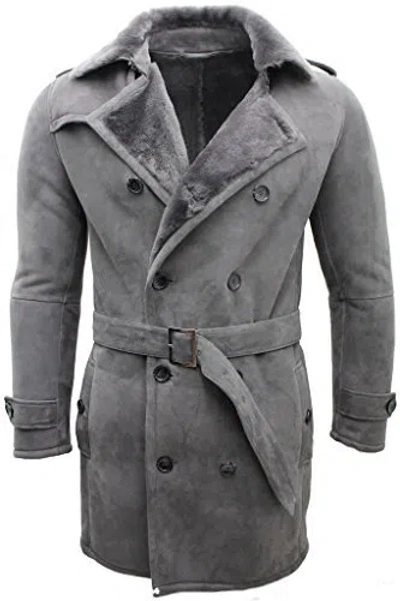 Pre-owned Upper Class Men's Grey Military Double Breasted Real Sheepskin Suede Pea Coat In Gray