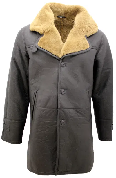Pre-owned Upper Class Roy Men's Warm Brown Long Real Shearling Ginger Sheepskin Leather Jacket Coat In Dark Brown With Ginger Wool
