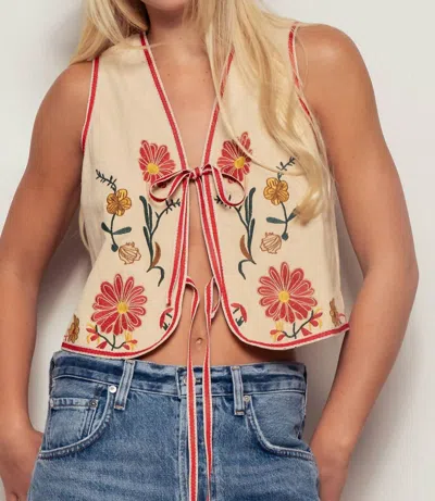 Urban Daizy Boho Embroidered Tie Front Western Vest In Khaki In Multi
