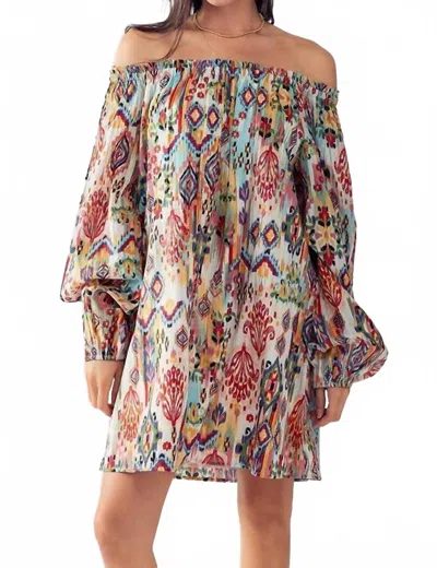 Urban Daizy Boho Off Shoulder Balloon Sleeve Mini Dress In Multi