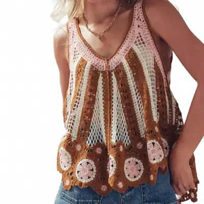 Urban Daizy Boho Open-knit Crochet Tank Top In Brown Pink In Yellow