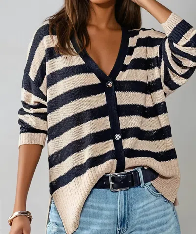 Urban Daizy Coastal Muse Striped Knit Cardigan In Black/taupe In Multi