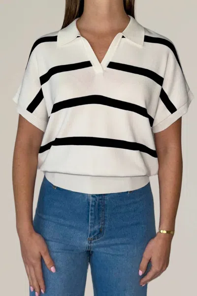 Urban Daizy Collar Ribbed Striped Sweater Top In White