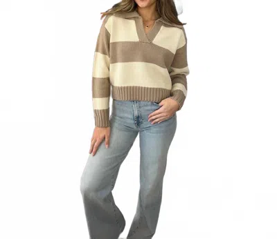 Urban Daizy Collared Striped Ribbed Knit Sweater In Brown In Multi