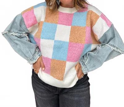 Urban Daizy Color Block Checkered Sweater With Denim Sleeves In White Multi