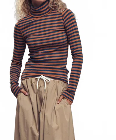 Urban Daizy Contrast Seam Turtleneck Knit Top In Teal Brown