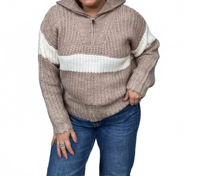 Urban Daizy Contrast Stripe Half Zip Sweater In Taupe In Brown