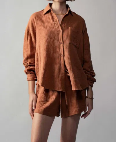 Urban Daizy Crinkle Cotton Gauze Resort Button-up Set In Brown