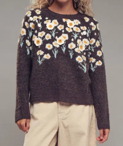 Urban Daizy Daisy Embossed Floral Knit Sweater In Brown