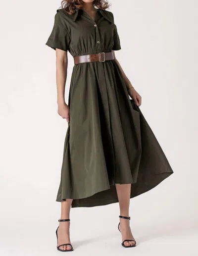 Urban Daizy Exaggerated Collar Spring Shirt Belted Midi Dress In Olive In Green