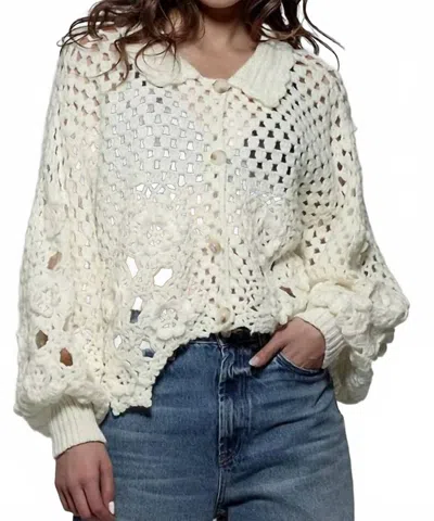 Urban Daizy Floral Crochet Collared Long Sleeve Open Knit Sweater In Ivory In White