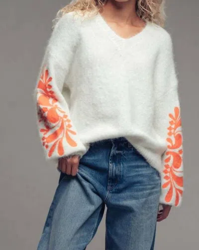 Urban Daizy Floral Detail Sleeve Fuzzy Sweater In White/ Orange In Multi