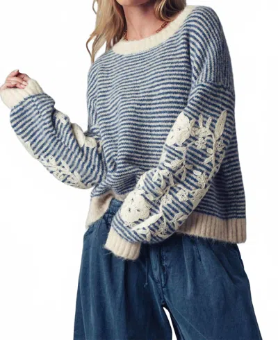 Urban Daizy Floral Embroidered Striped Knit Sweater In Blue
