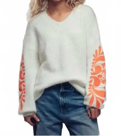 Urban Daizy Floral Sleeve Fuzzy Knit Sweater In White