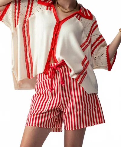 Urban Daizy Isla Crochet Knit Shirt In Cream/red In Pink