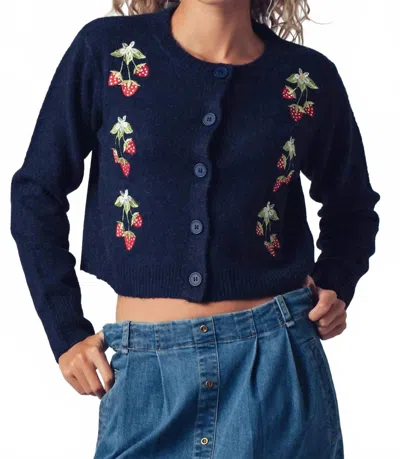 Urban Daizy Katy Strawberry Knit Cardigan In Navy In Blue