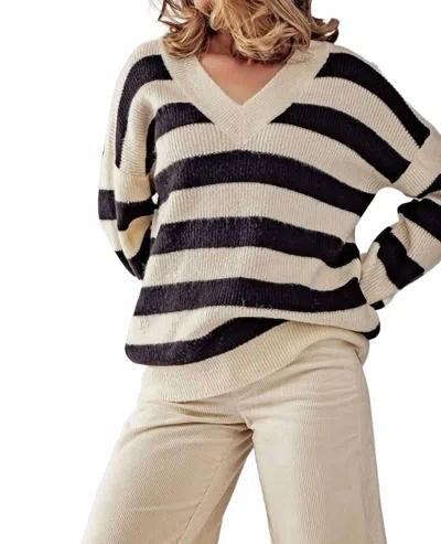 Urban Daizy Oversized Striped V-neck Sweater Knit Top In Beige In Neutral
