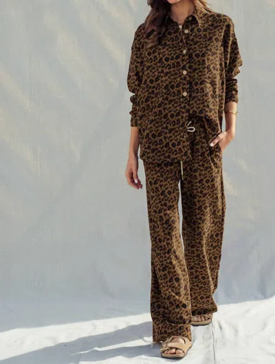 Urban Daizy Print Set-oversized Button-up Shirt & Relaxed Pants Set In Leopard In Brown
