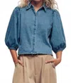 Urban Daizy Puff Sleeve Blouse In Denim In Blue