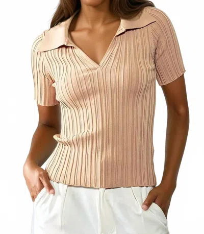 Urban Daizy Rib Knit Wing Collar Short Sleeve Top In Taupe In Brown