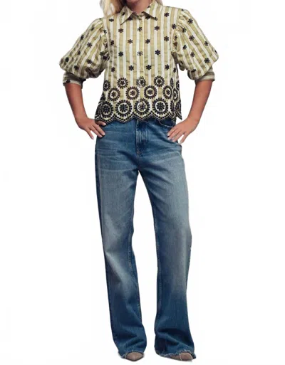 Urban Daizy Striped Floral Embroidered Scallop Blouse In Olive In Green