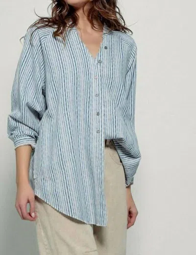 Urban Daizy Striped Linen Blend Blouse In Blue