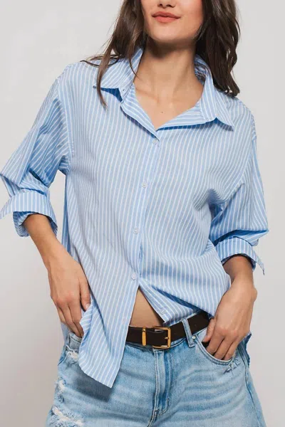 Urban Daizy Striped Twill Tape Detail Statement Button Shirt In Blue In Multi