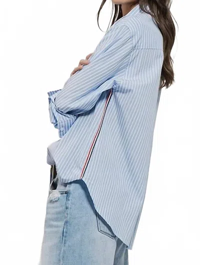 Urban Daizy Striped Twill Tape Detail Statement Button Shirt In Blue And White In Multi