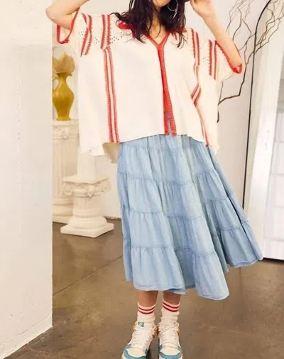 Urban Daizy Tiered Pleated Ruffled Midi Skirt In Denim Blue In Multi