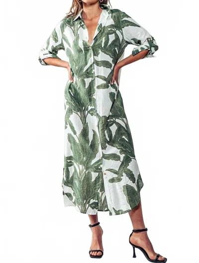 Urban Daizy Tropical Paradise Button Down Collared Vacation Dress In Green