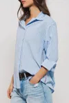 Urban Daizy Striped Twill Tape Detail Statement Button Shirt In Blue And White In Blue