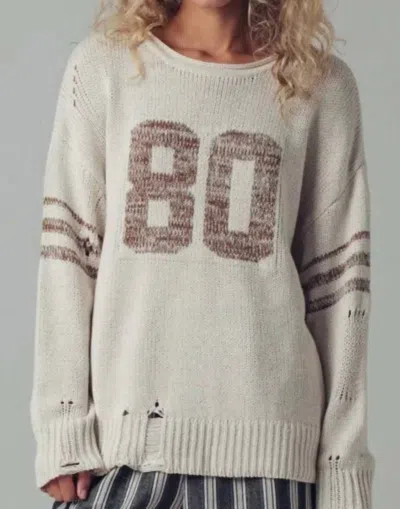 Urban Daizy Varsity 80 Distressed Knit Pullover Sweater In Oatmeal In White