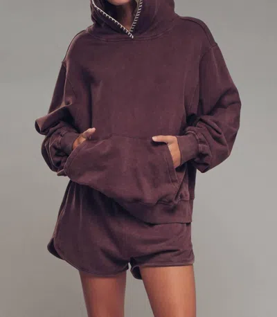 Urban Daizy Vintage-wash Crochet Trim Hooded Sweatshirt In Brown In Burgundy