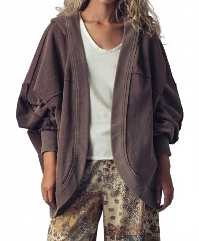 Urban Daizy Washed Waffle Knit Hooded Cardigan In Brown