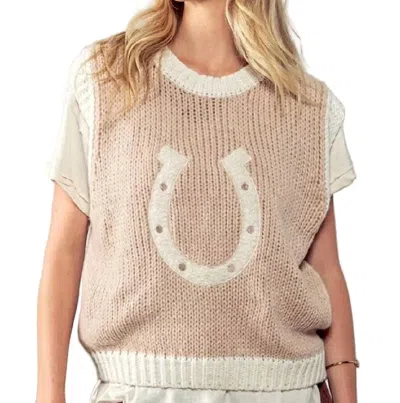 Urban Daizy Western Horseshoe Crochet Knit Ribbed Trim Sweater Vest In Mocha In Neutral