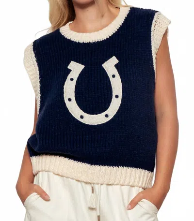 Urban Daizy Western Horseshoe Crochet Knit Ribbed Trim Sweater Vest In Navy In Blue