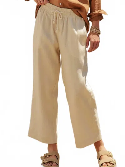 Urban Daizy Wide Leg Drawstring Pant In Beige Linen In Multi