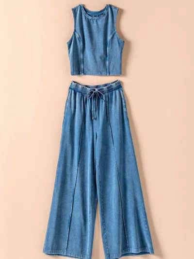 Urban Daizy Women's Liberty Mineral Cotton Crop Tank & Wide Leg Pant Set In Blue