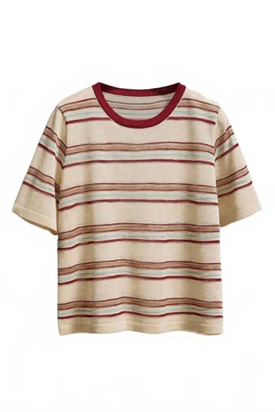 Urban Daizy Women's Striped Knit Crew Neck Tee In Ivory In Burgundy