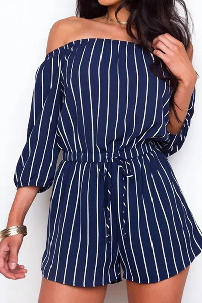Urban Mix Vertical Striped Off Shoulder Romper In Navy In Blue