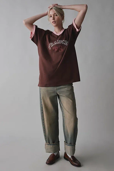 Urban Outfitters 1998 France Oversized V-neck Jersey Tee In Brown/purple, Women's At