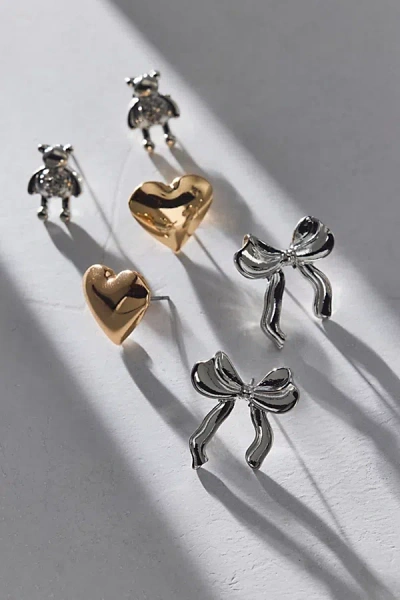 Urban Outfitters Addy Hearts & Bows Mixed Metal Post Earring Set In Assorted, Women's At  In Metallic