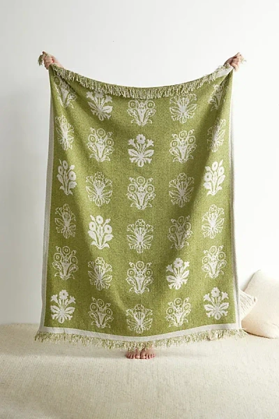 Urban Outfitters Amabel Chenille Throw Blanket In Green Woodblock At