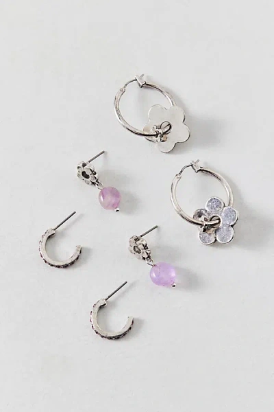 Urban Outfitters Amethyst Flower Post & Hoop Earring Set In Silver, Women's At